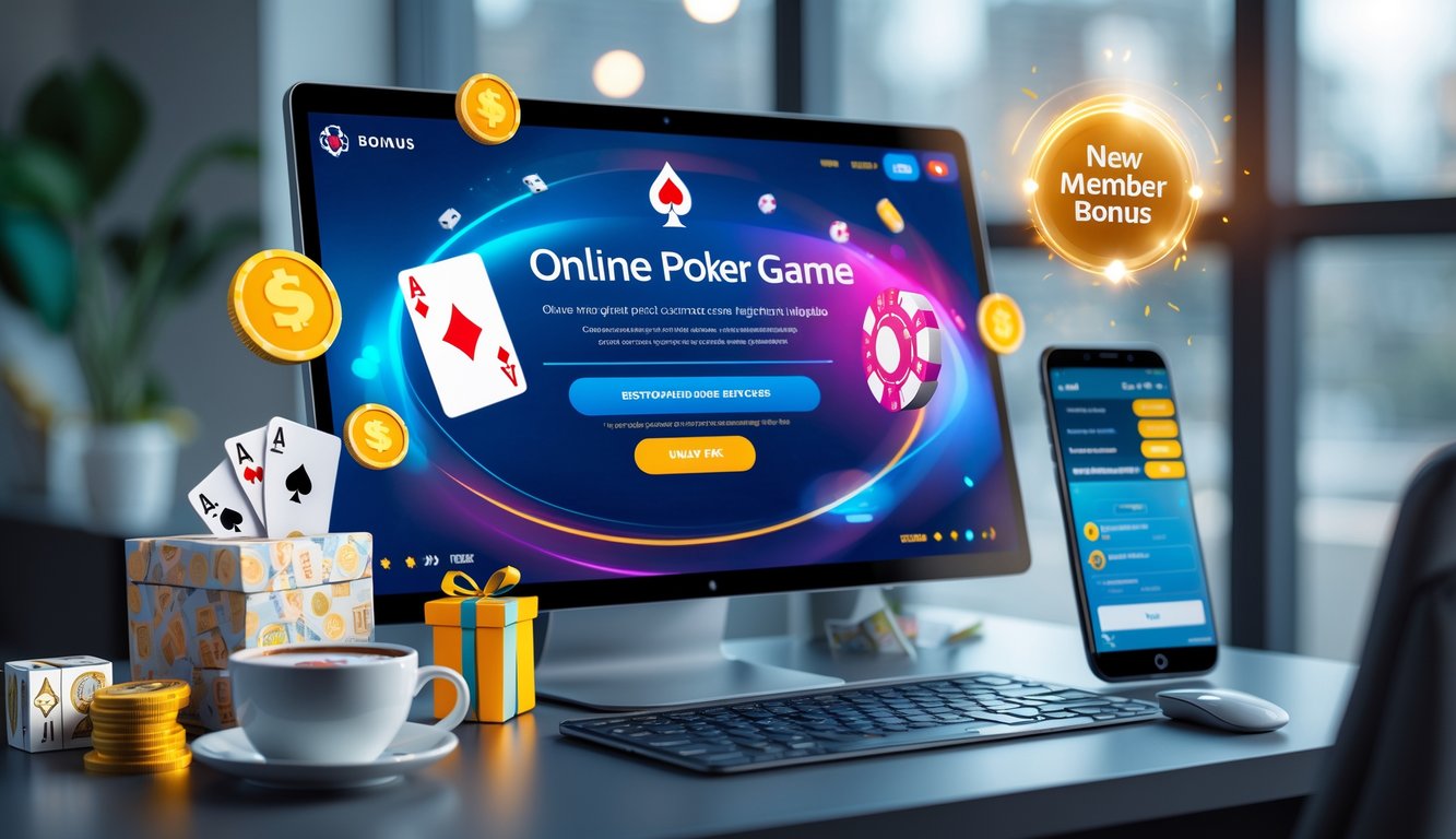 Seorang pengguna sedang mendaftar dan mengklaim bonus di situs poker online dengan tampilan komputer yang menampilkan permainan poker dan simbol hadiah di meja kerja.