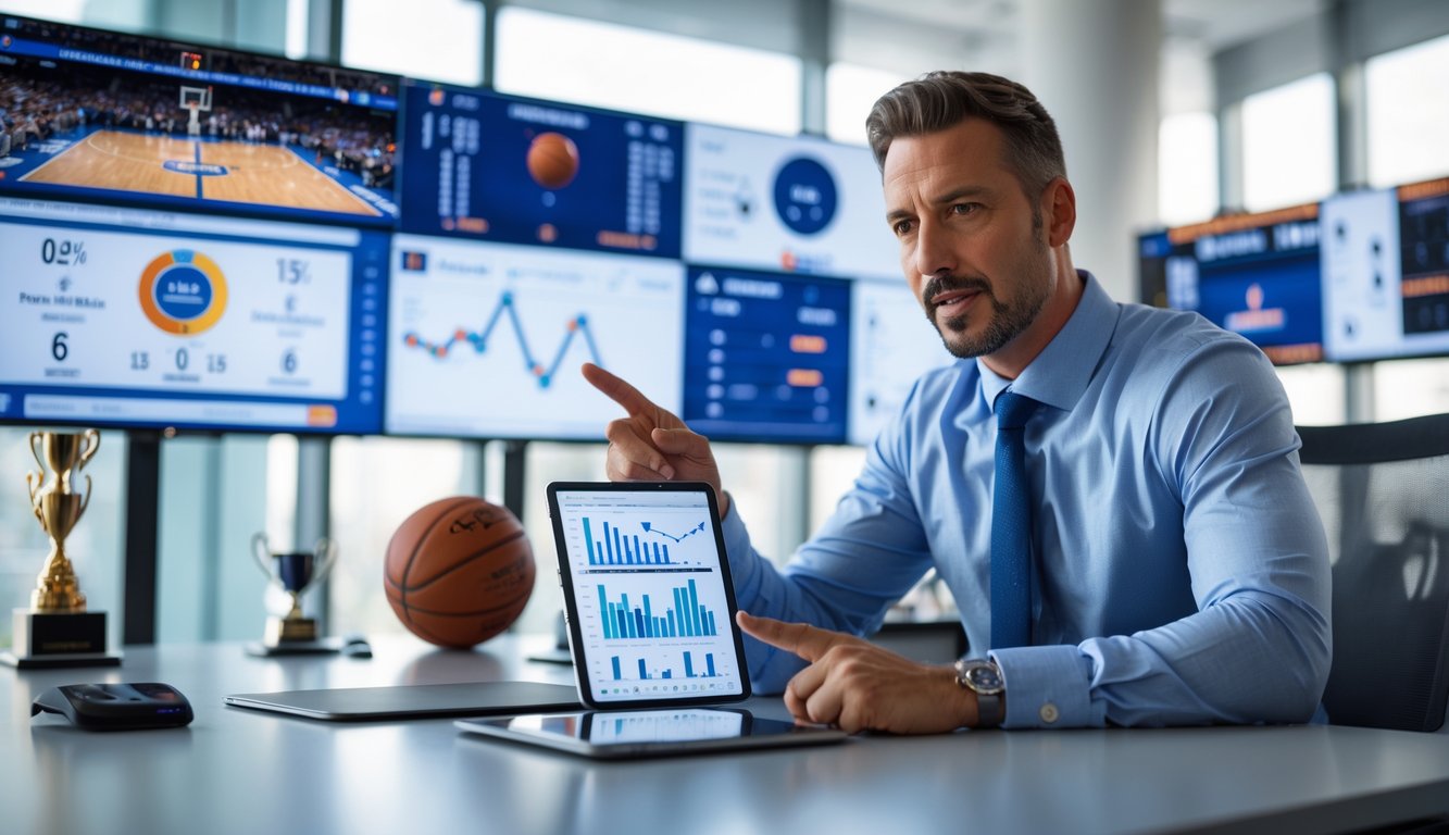 Seorang analis olahraga pria sedang menunjukkan strategi dengan tablet di kantor modern yang penuh layar menampilkan statistik dan pertandingan bola basket.