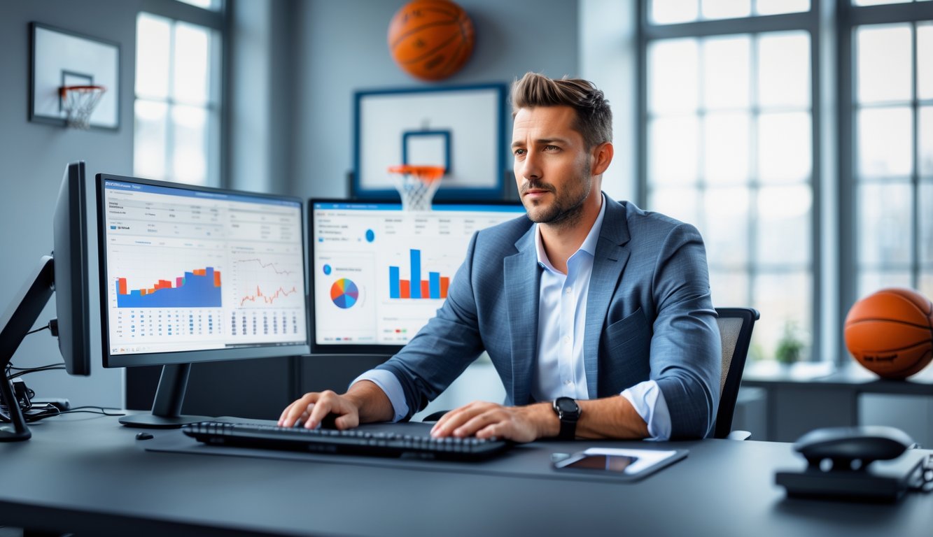 Seorang pria duduk di meja modern sambil menganalisis statistik bola basket pada beberapa layar komputer di kantor yang terang dan rapi.