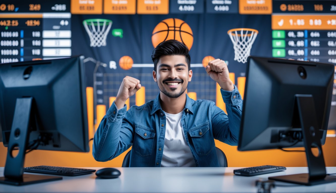 Seorang pria muda duduk di depan beberapa layar komputer yang menampilkan statistik dan skor pertandingan basket, terlihat senang dan merayakan kemenangan.