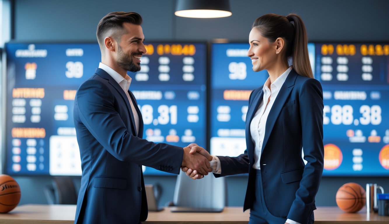 Dua profesional bisnis berjabat tangan di kantor modern dengan layar digital menampilkan statistik dan peluang taruhan bola basket.