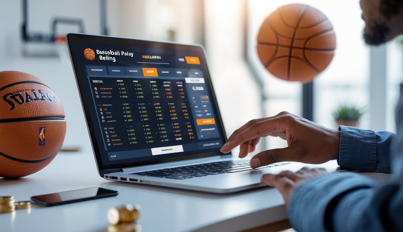Seseorang menggunakan laptop dengan tampilan statistik dan peluang taruhan bola basket, di dekat bola basket dan aksesori olahraga lainnya.