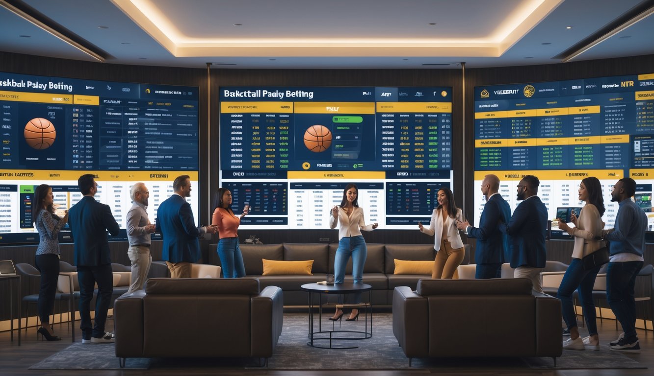 Beberapa orang sedang melihat layar digital dengan statistik dan skor pertandingan basket di sebuah ruang taruhan olahraga yang modern dan nyaman.