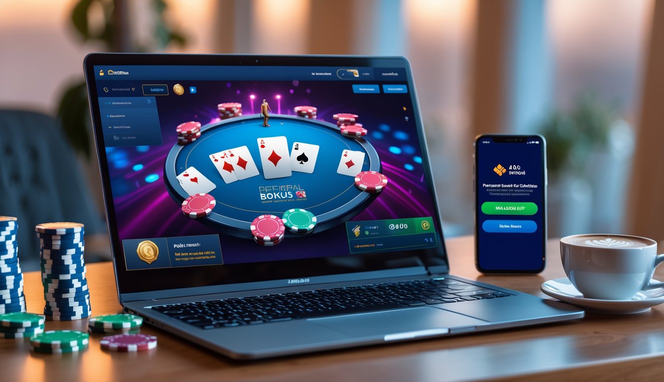 Seorang pemain poker online menggunakan laptop dengan chip poker dan ponsel di meja kayu di ruang kerja yang nyaman.