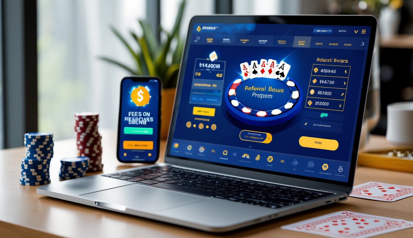 Seseorang bermain poker online di depan komputer dengan chip poker dan kartu di meja, serta ponsel yang menampilkan program bonus referral.