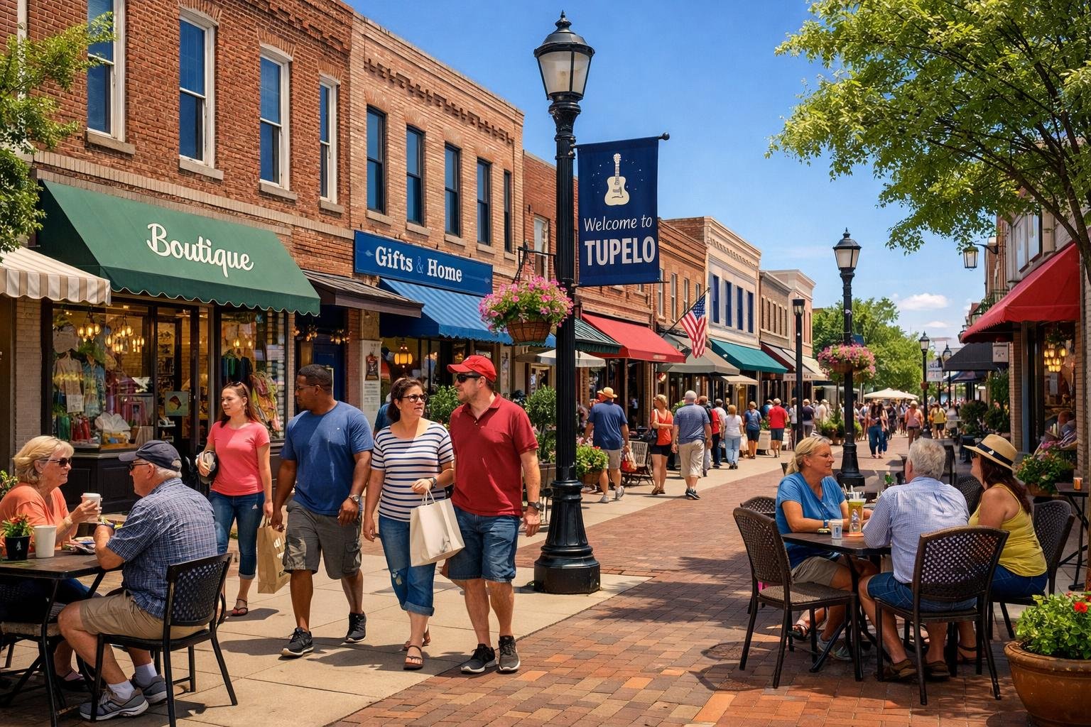 A busy downtown street in Tupelo, Mississippi, with people shopping and walking along sidewalks lined with trees and historic brick buildings.