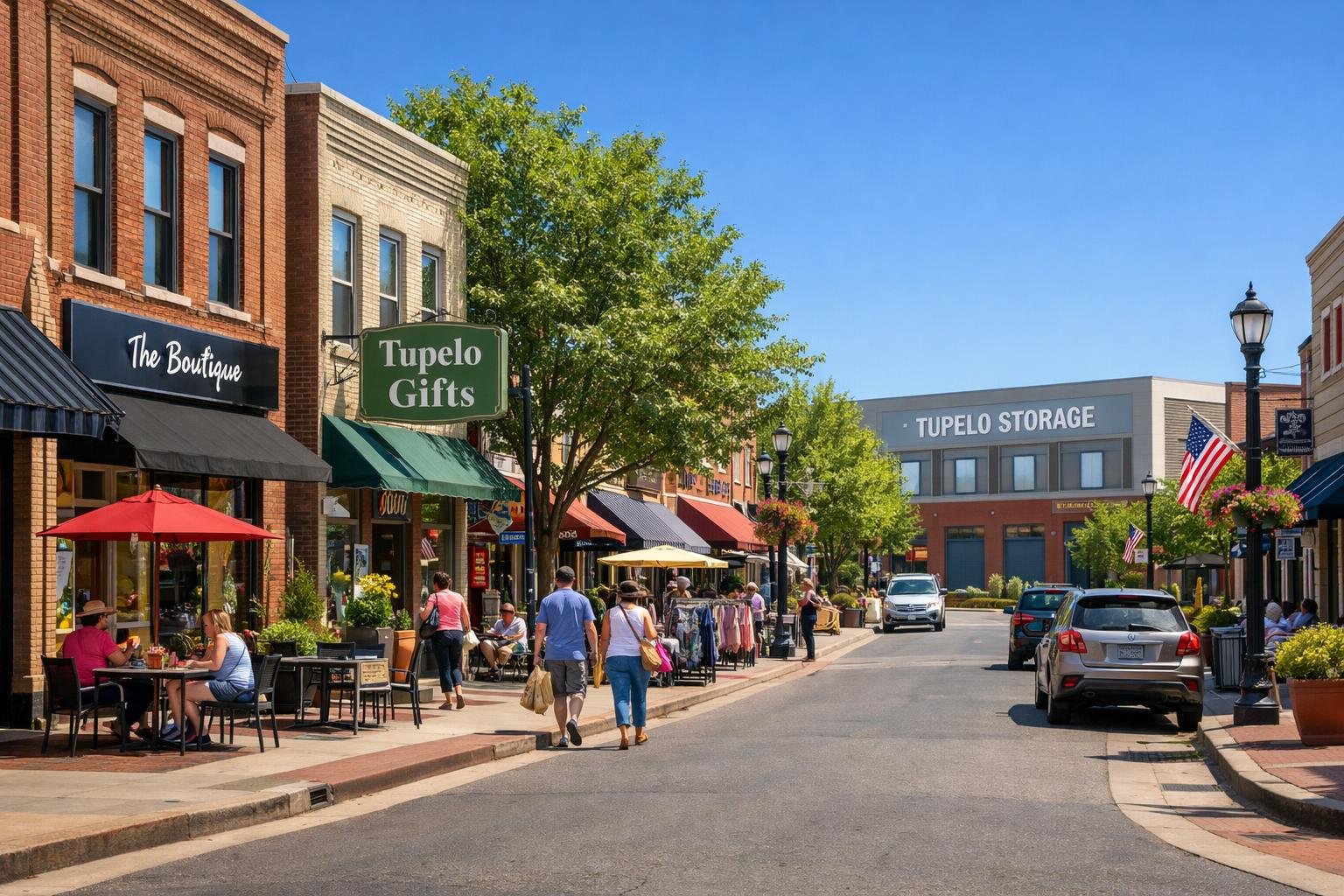 A sunny downtown street in Tupelo, Mississippi with shops, trees, people walking, and storage units visible in the background.
