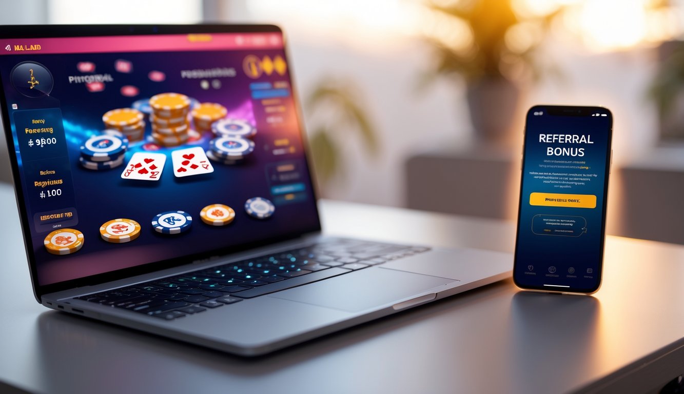 Seorang pemain poker online menggunakan laptop dan smartphone di meja dengan chip poker dan kartu terlihat di layar.