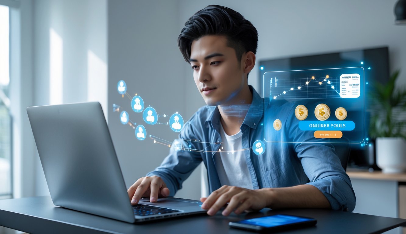 Seorang dewasa muda fokus bermain poker online di laptop di ruang kerja modern dengan layar tambahan menampilkan grafik dan ikon referral.