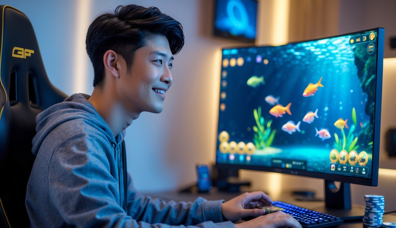 Seorang pria muda sedang bermain game tembak ikan di komputer dengan ekspresi fokus dan senang di sebuah ruangan yang nyaman.