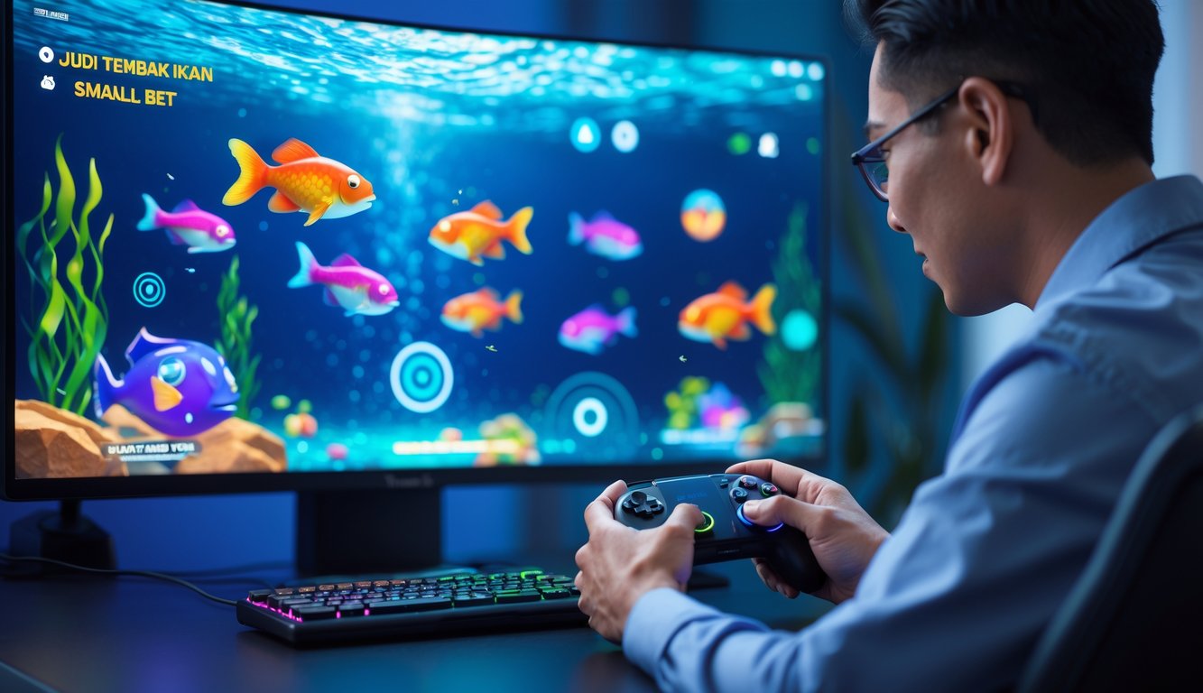 Seorang pemain dewasa fokus bermain permainan tembak ikan di layar digital dengan grafik ikan berwarna-warni.