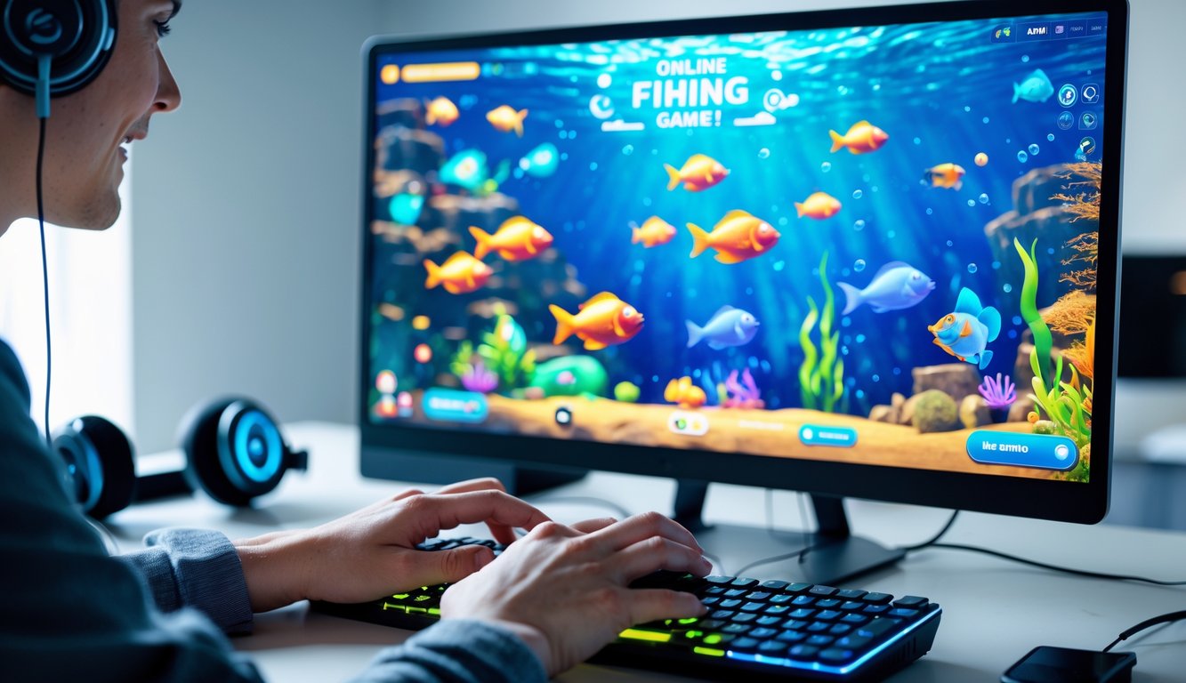 Seorang pemain sedang bermain permainan tembak ikan online di komputer dengan latar belakang ruangan yang rapi.