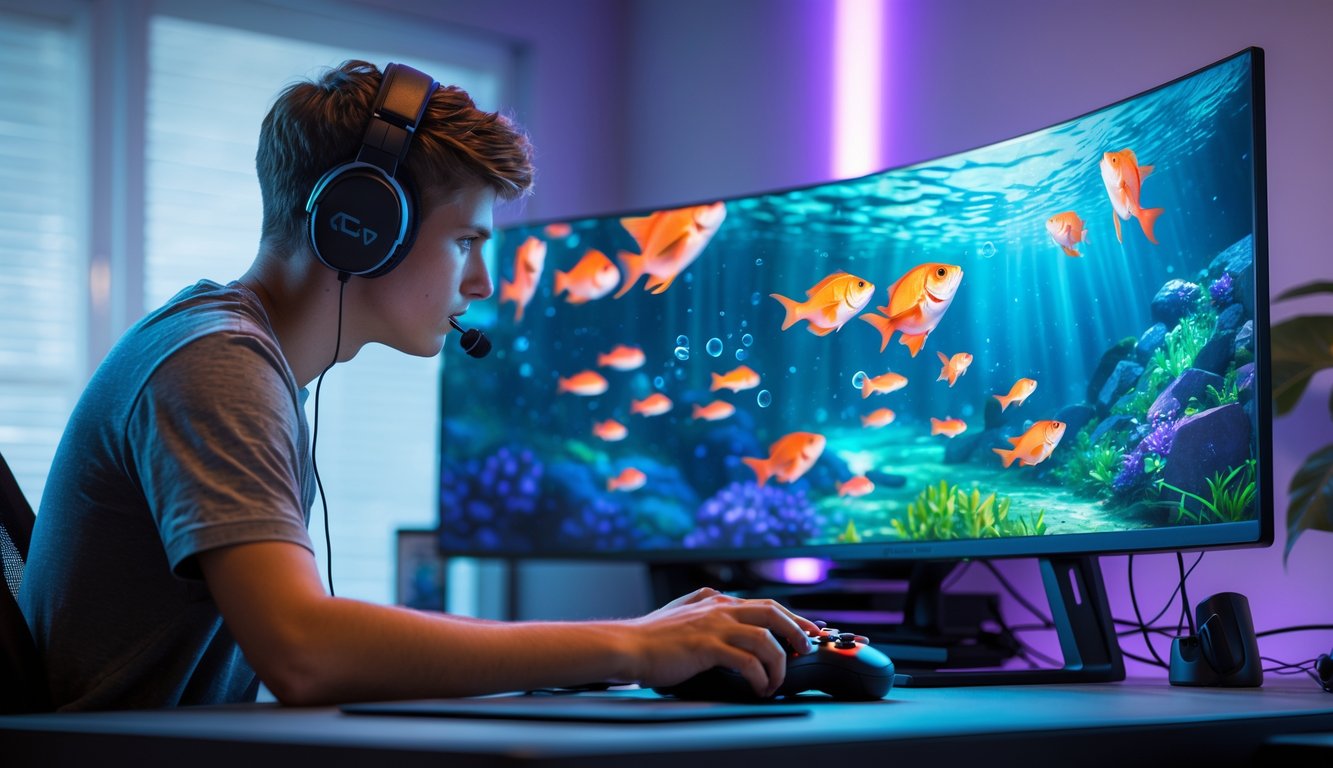 Seorang pemain muda sedang fokus bermain permainan tembak ikan online di depan layar komputer dengan grafik ikan berwarna-warni.