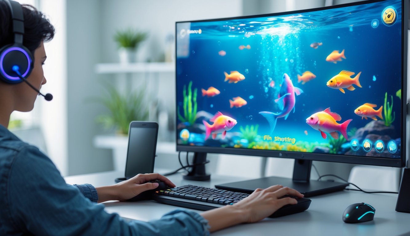 Seorang pemain sedang bermain game tembak ikan di komputer dengan layar menampilkan ikan berwarna-warni di bawah air.