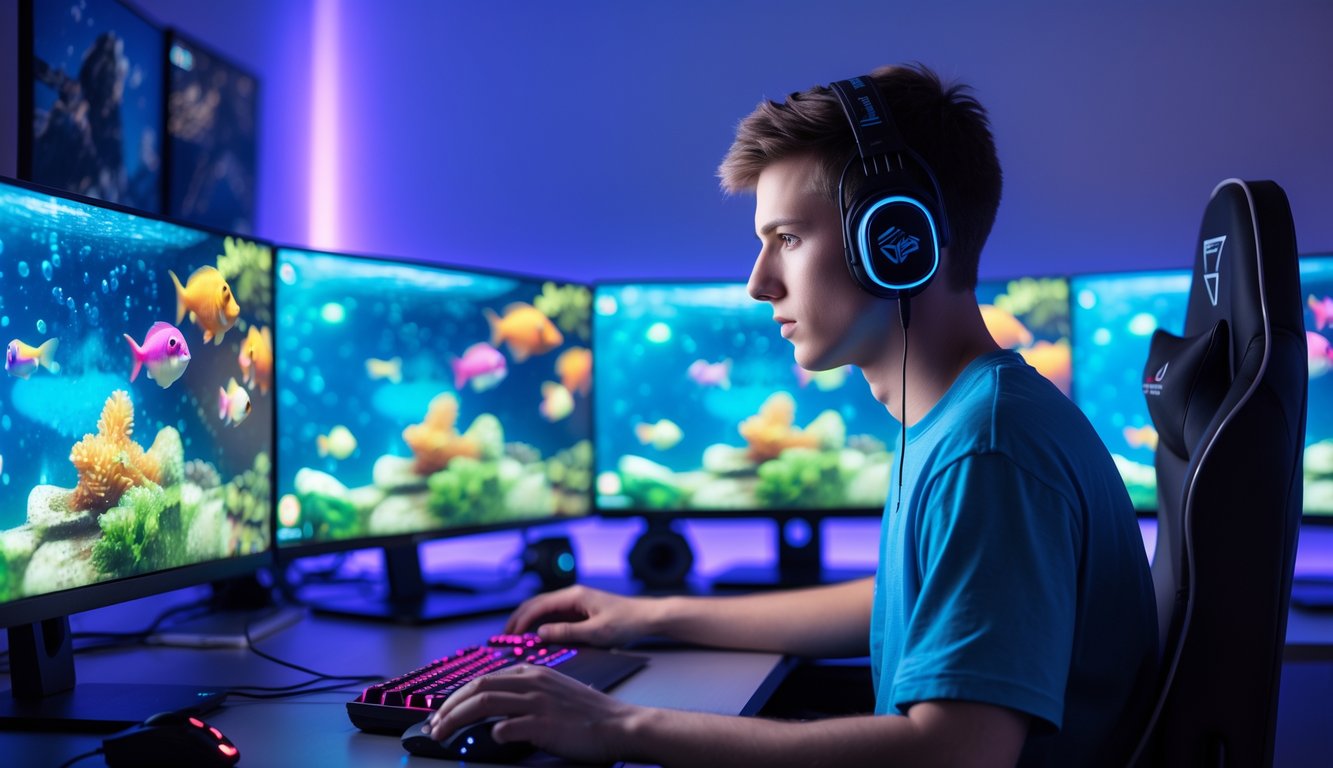 Seorang pria muda fokus bermain game tembak ikan di depan beberapa monitor dengan latar ruangan gaming yang sederhana dan teratur.