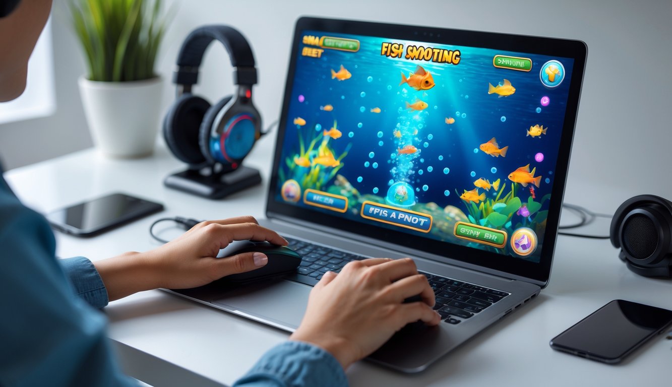 Seseorang sedang bermain game tembak ikan online di komputer dengan layar menampilkan ikan berwarna-warni dan elemen permainan di meja kerja yang rapi.