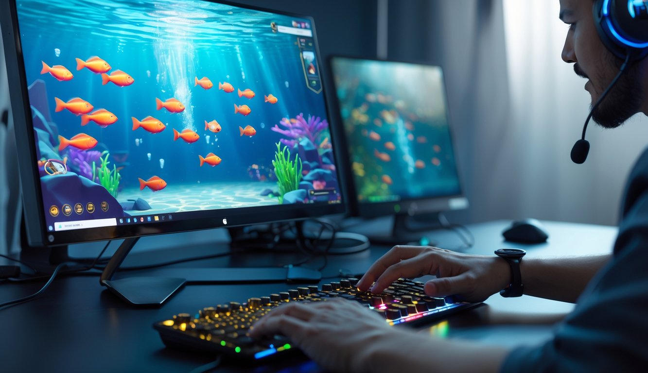 Seorang pemain menggunakan komputer dengan layar menampilkan permainan ikan online, fokus pada permainan dan strategi.