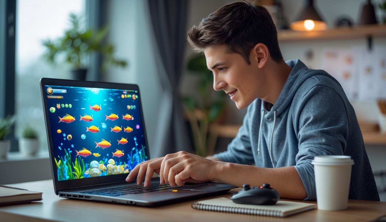 Seorang pria muda sedang fokus bermain permainan tembak ikan online di laptop di dalam ruangan yang nyaman.
