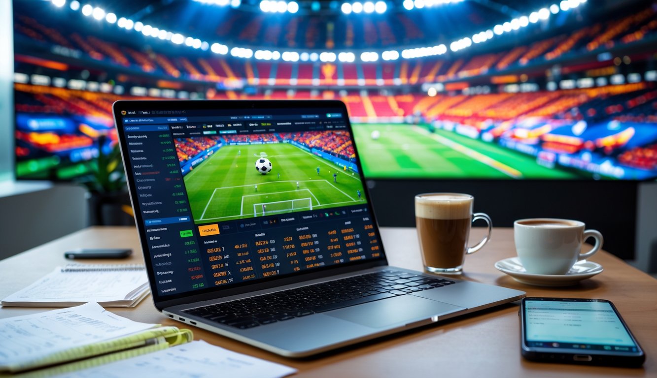 Sebuah meja kerja modern dengan laptop menampilkan statistik sepak bola dan taruhan, smartphone dengan skor langsung, dan layar besar menampilkan pertandingan sepak bola di stadion.
