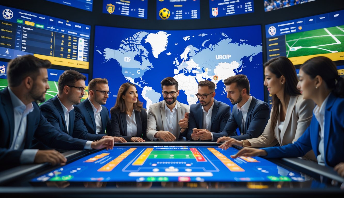 Sekelompok orang sedang berdiskusi di sekitar meja layar sentuh yang menampilkan statistik dan peluang taruhan sepak bola dengan latar belakang layar besar yang menayangkan pertandingan sepak bola.