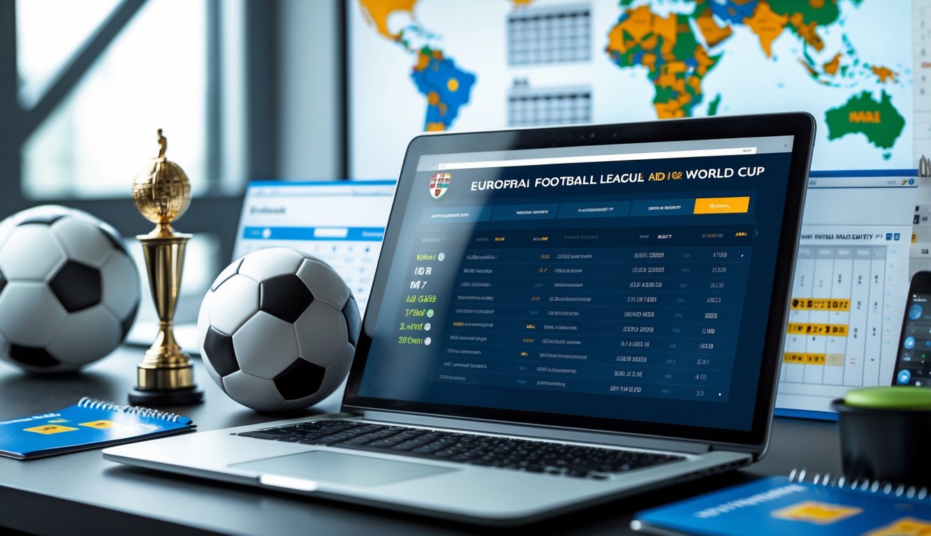 Sebuah meja kerja modern dengan laptop yang menampilkan situs taruhan sepak bola, bola sepak, trofi kecil, dan kalender pertandingan.