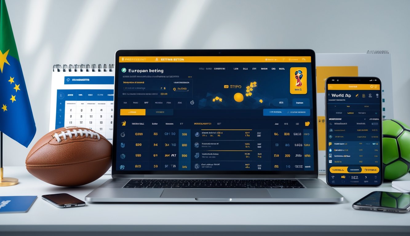 Seorang pria menggunakan laptop di meja kerja dengan tampilan taruhan sepak bola online dan bola di sampingnya.