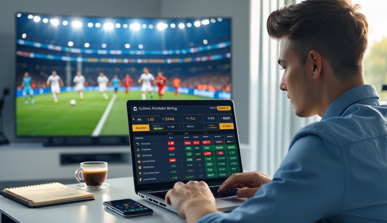 Seorang pria muda duduk di meja menggunakan laptop untuk taruhan bola online dengan layar menampilkan statistik pertandingan Liga Eropa dan Piala Dunia, di latar belakang televisi menayangkan pertandingan sepak bola.