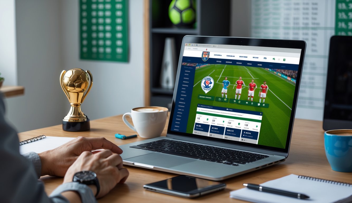 Seseorang menggunakan laptop di meja kerja dengan tampilan situs taruhan bola online dan dekorasi bertema sepak bola di latar belakang.