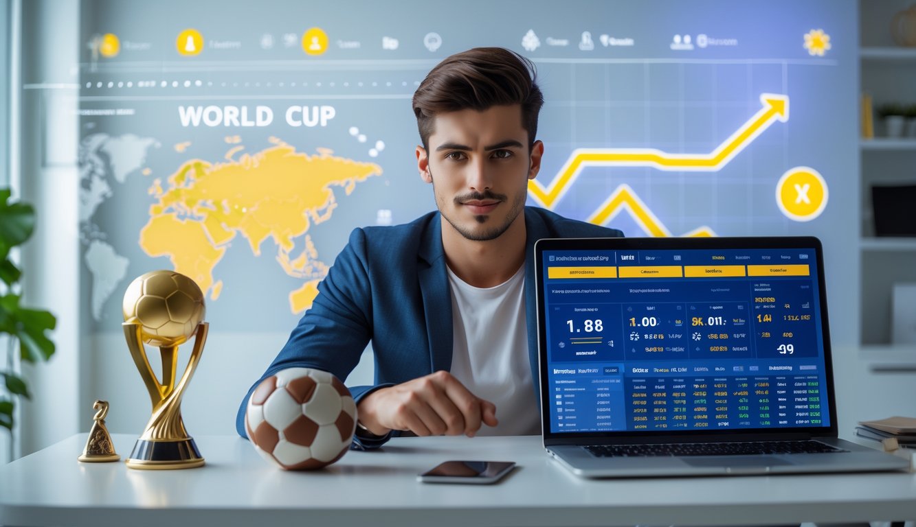 Seorang pria muda duduk di meja dengan laptop, dikelilingi bola sepak dan piala kecil, fokus pada layar yang menampilkan statistik taruhan olahraga.