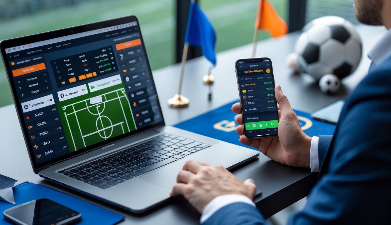 Seseorang sedang menggunakan laptop dan ponsel di meja kerja dengan tampilan terkait taruhan sepak bola Liga Eropa dan Piala Dunia.