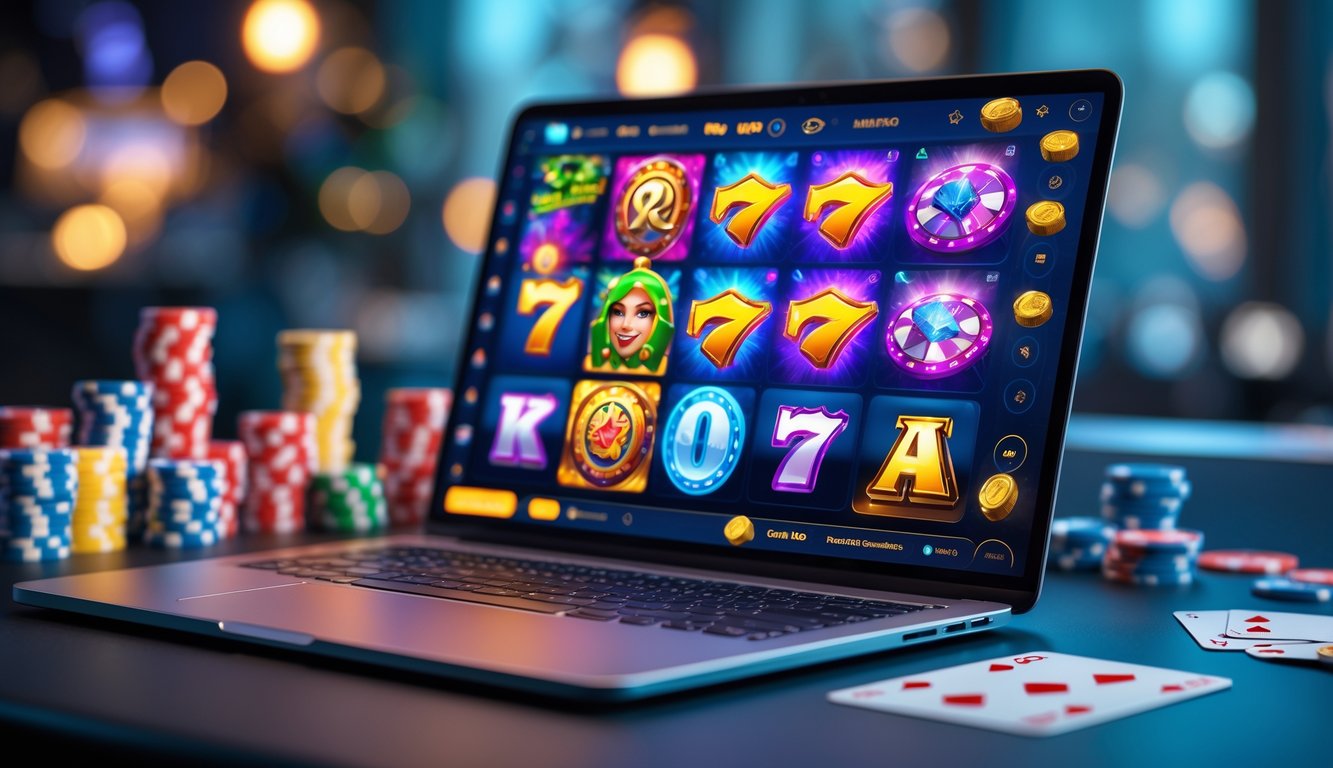 Sebuah layar komputer menampilkan permainan slot online dengan grafik warna-warni dan simbol menarik, dikelilingi oleh chip poker dan kartu remi di atas meja.