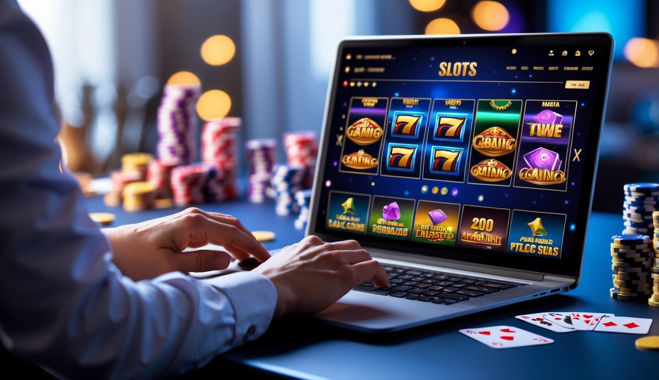 Seseorang menggunakan laptop dan ponsel dengan tampilan permainan slot online di meja kerja yang rapi.