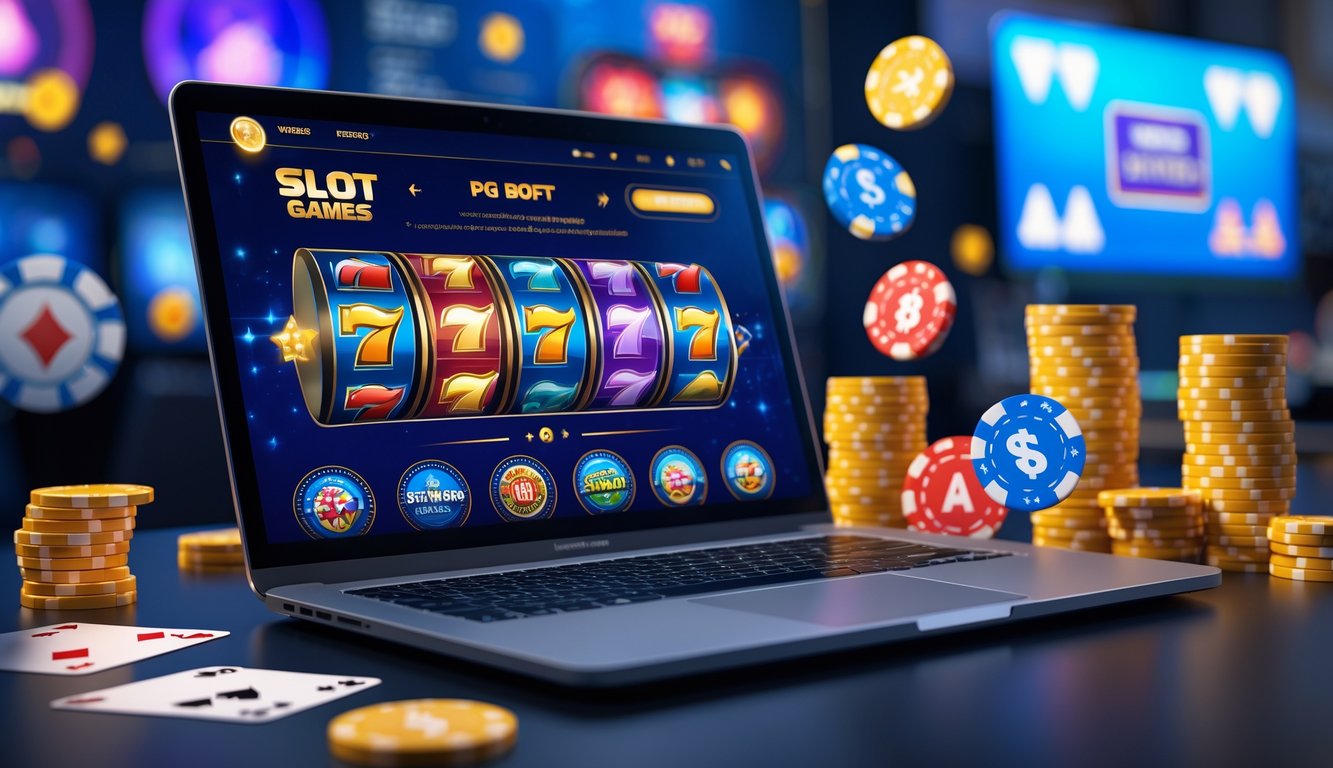 Seorang pengguna sedang bermain game slot online di laptop dengan latar belakang elemen kasino seperti chip dan kartu.