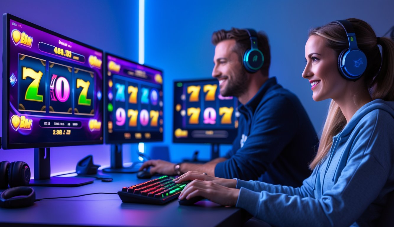 Dua orang dewasa sedang bermain permainan slot online di komputer dengan suasana ruangan yang modern dan pencahayaan biru ungu.