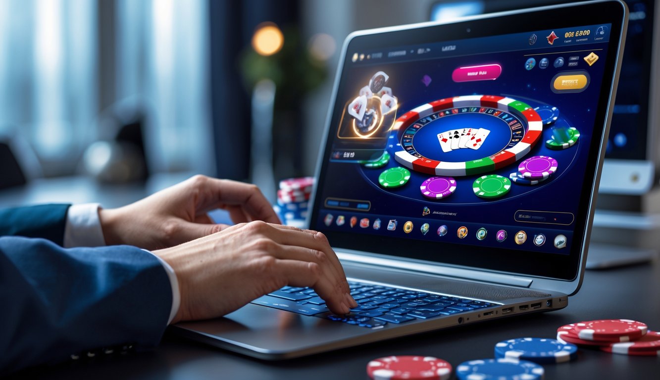 Seseorang menggunakan komputer dengan permainan poker online di layar di ruang kerja modern.