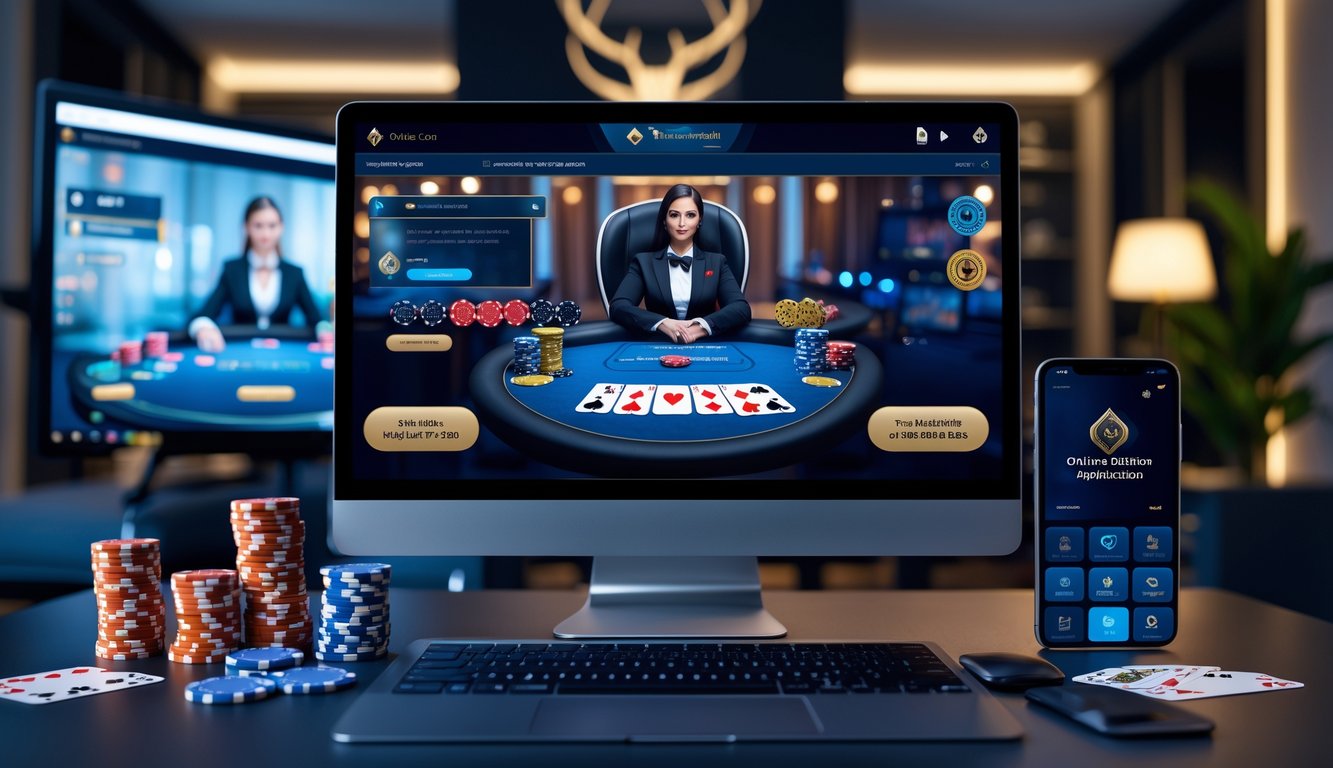 Sebuah meja dengan komputer yang menampilkan permainan poker online, dikelilingi oleh tumpukan chip poker dan kartu bermain, di dalam ruangan yang terang dan rapi.