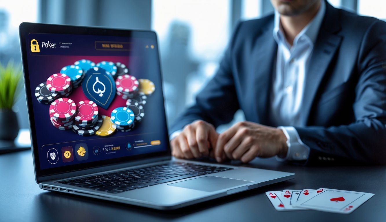Seseorang yang fokus menggunakan komputer dengan permainan poker online di layar, dikelilingi oleh chip poker dan kartu, menunjukkan suasana kerja yang profesional dan terpercaya.