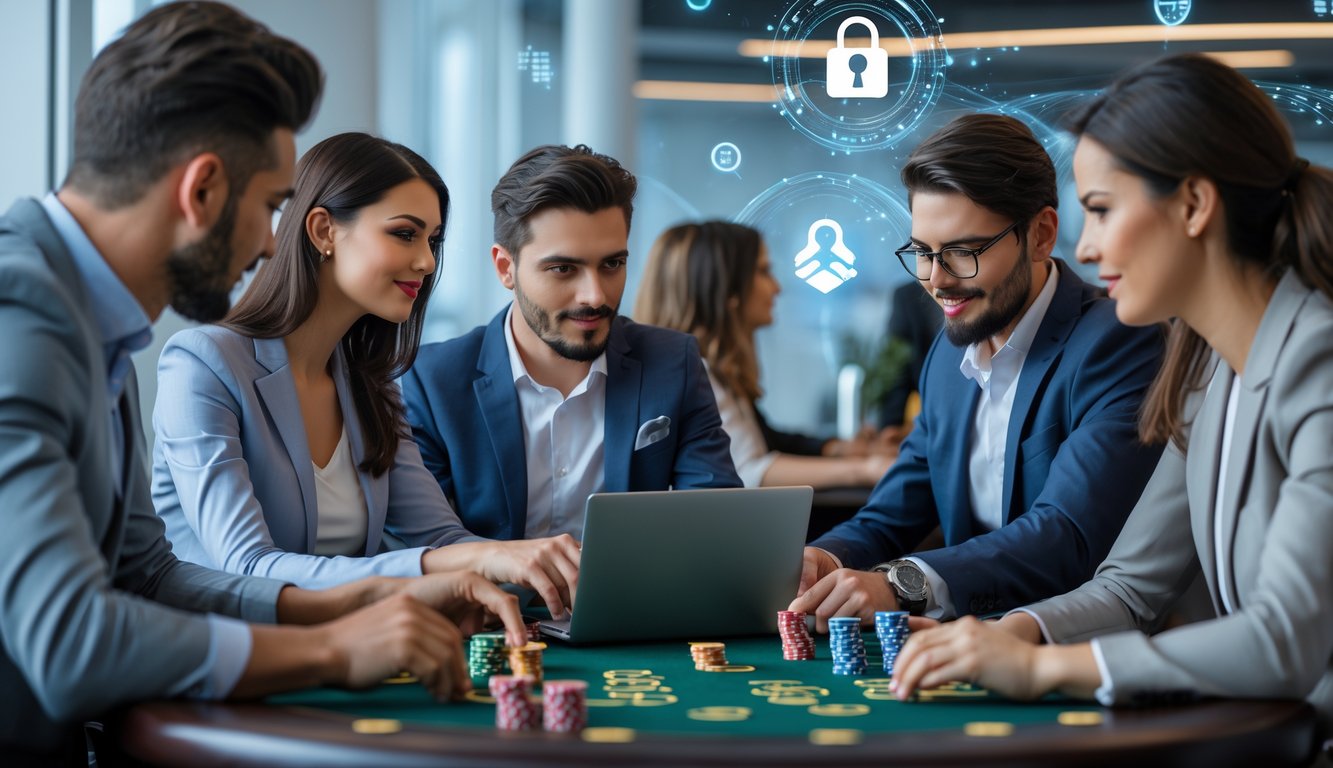 Beberapa orang sedang bermain poker online bersama di sebuah kantor modern dengan laptop dan kartu remi di meja.