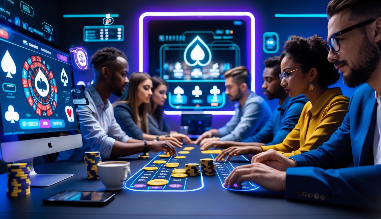 Beberapa orang bermain poker online di depan komputer dengan kartu dan chip di meja, suasana fokus dan serius.