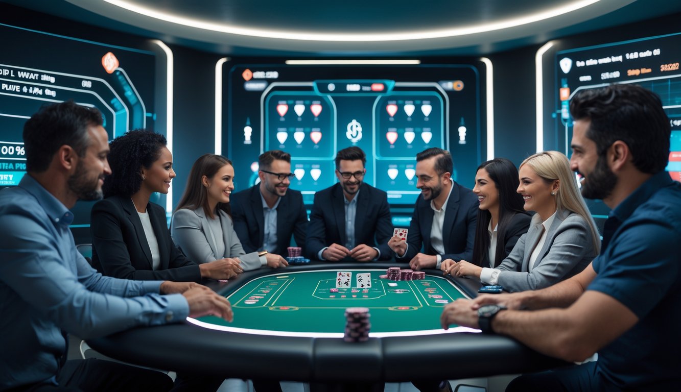 Sekelompok orang dewasa fokus bermain poker online di meja digital dengan chip dan kartu virtual di ruangan modern yang terang.