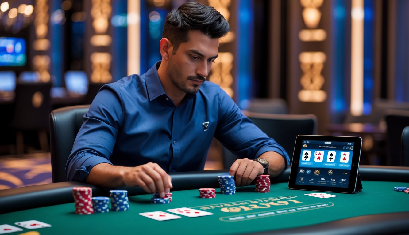 Seorang pria fokus duduk di meja poker dengan kartu dan chip poker di depan layar digital yang menampilkan permainan poker online.