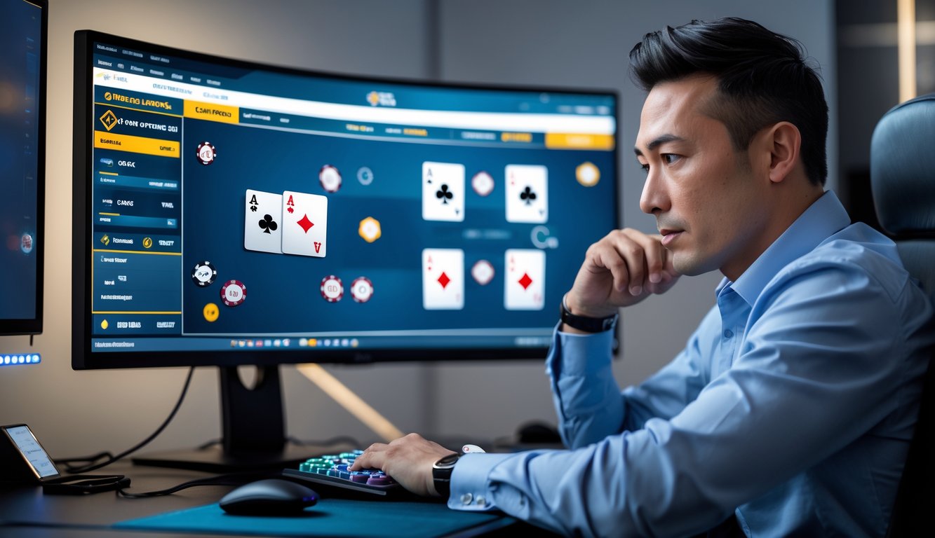 Seorang pria dewasa sedang duduk di depan komputer bermain poker online dengan fokus dan serius di ruang kerja modern.