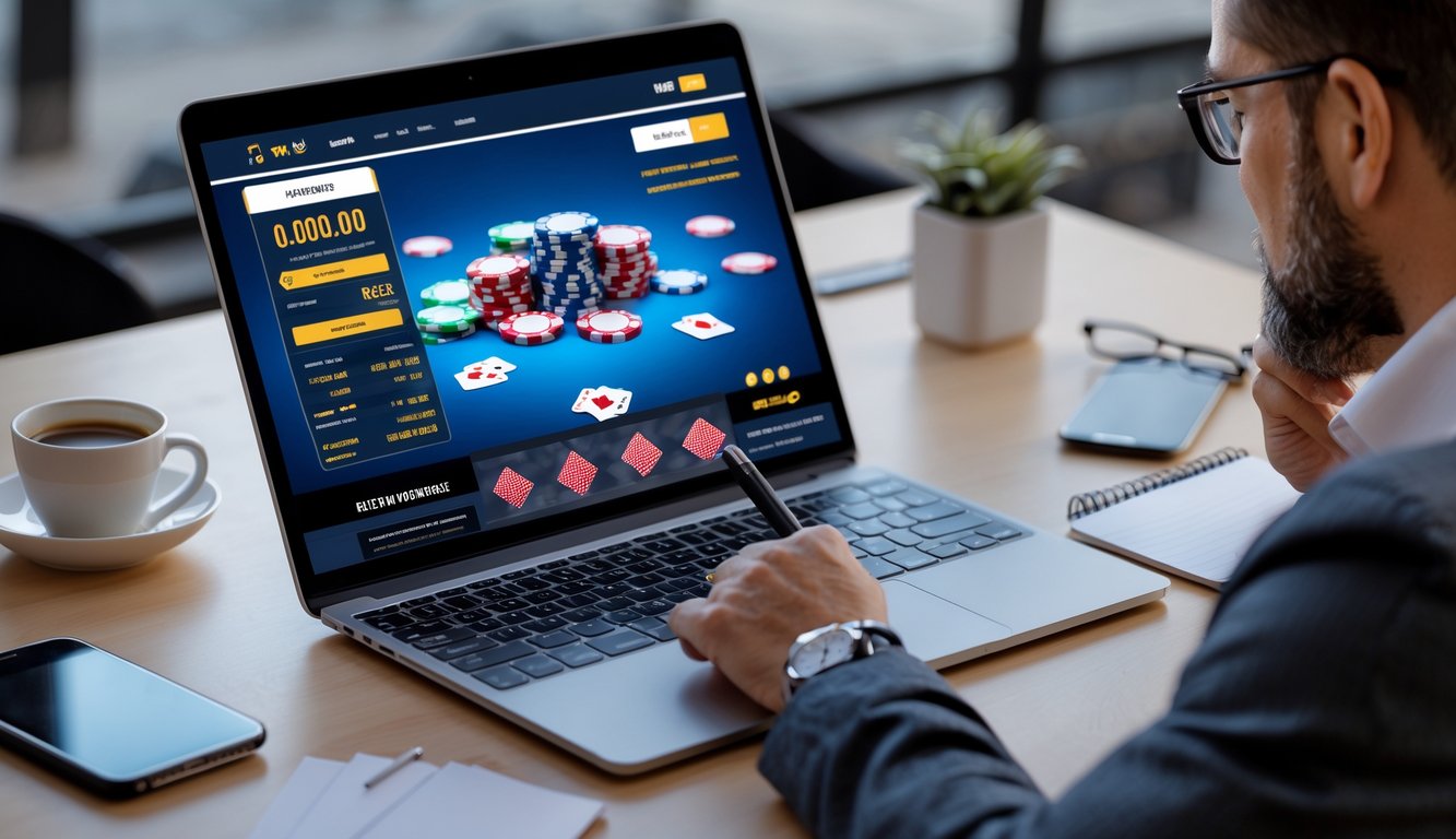 Seseorang sedang menganalisis situs poker online di depan laptop di meja kerja dengan alat tulis dan minuman di sekitarnya.