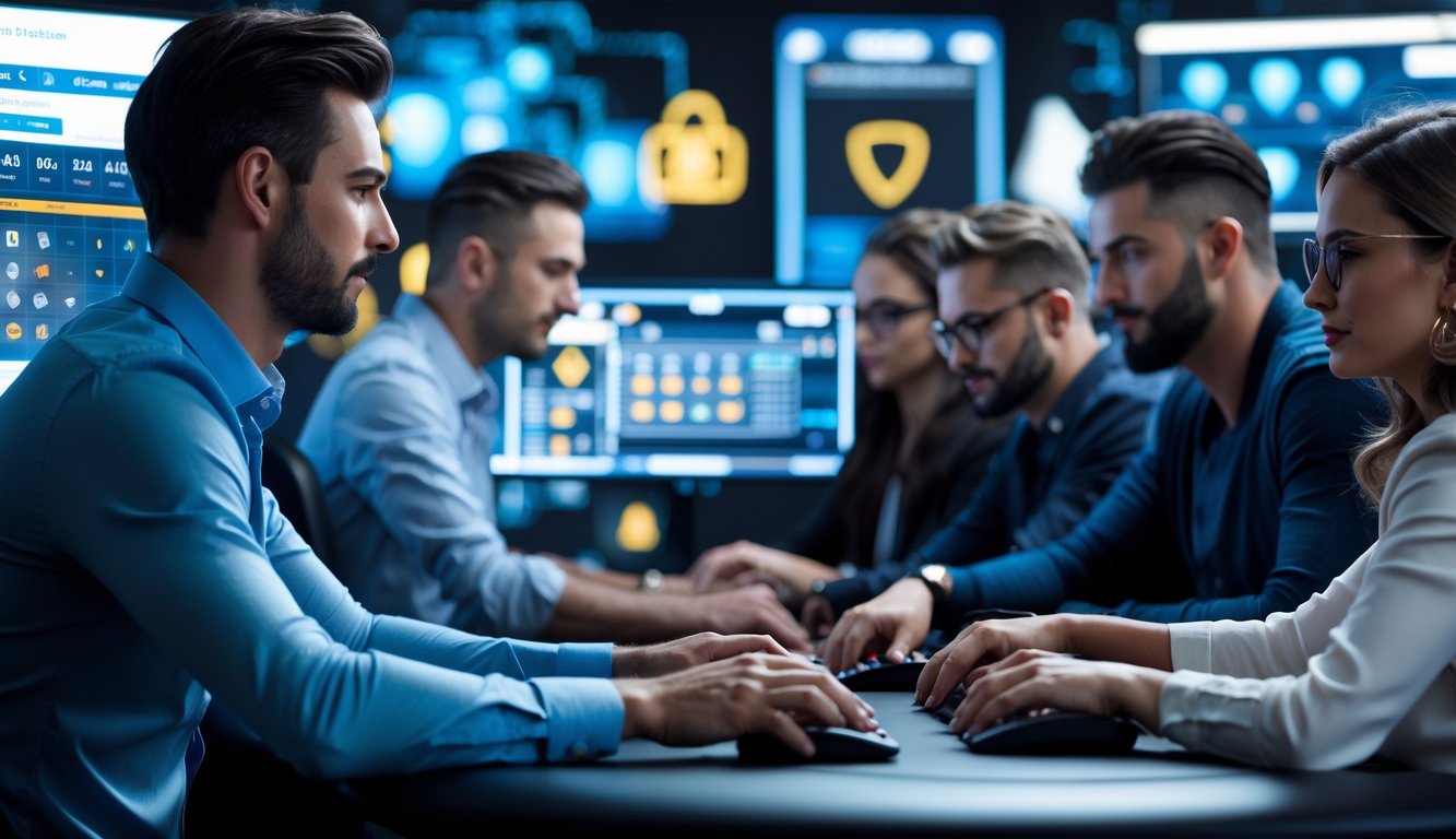 Sejumlah orang sedang bermain poker online di depan komputer dengan suasana yang profesional dan modern.