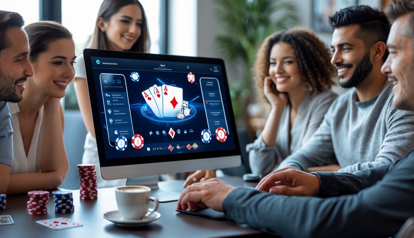 Beberapa orang dari berbagai usia bermain poker online menggunakan komputer dan tablet di ruang santai yang terang dan nyaman.