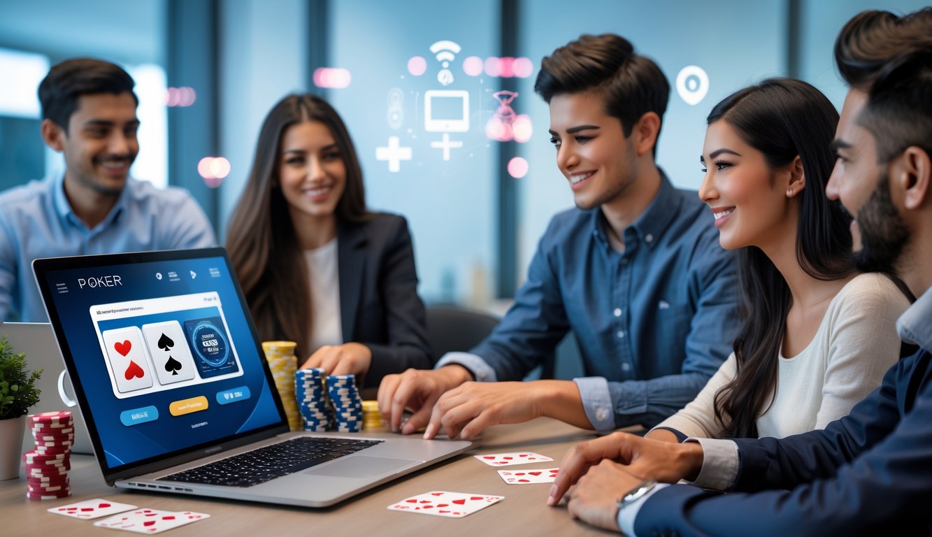Orang-orang bermain poker online di meja dengan laptop, chip poker, dan kartu bermain di lingkungan kantor modern.