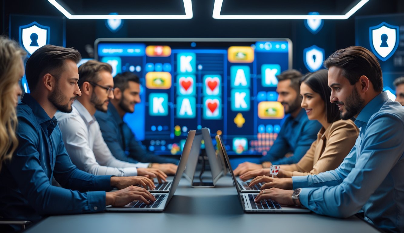 Beberapa orang dewasa sedang bermain poker online di depan komputer dan tablet di sebuah meja dengan suasana yang rapi dan profesional.