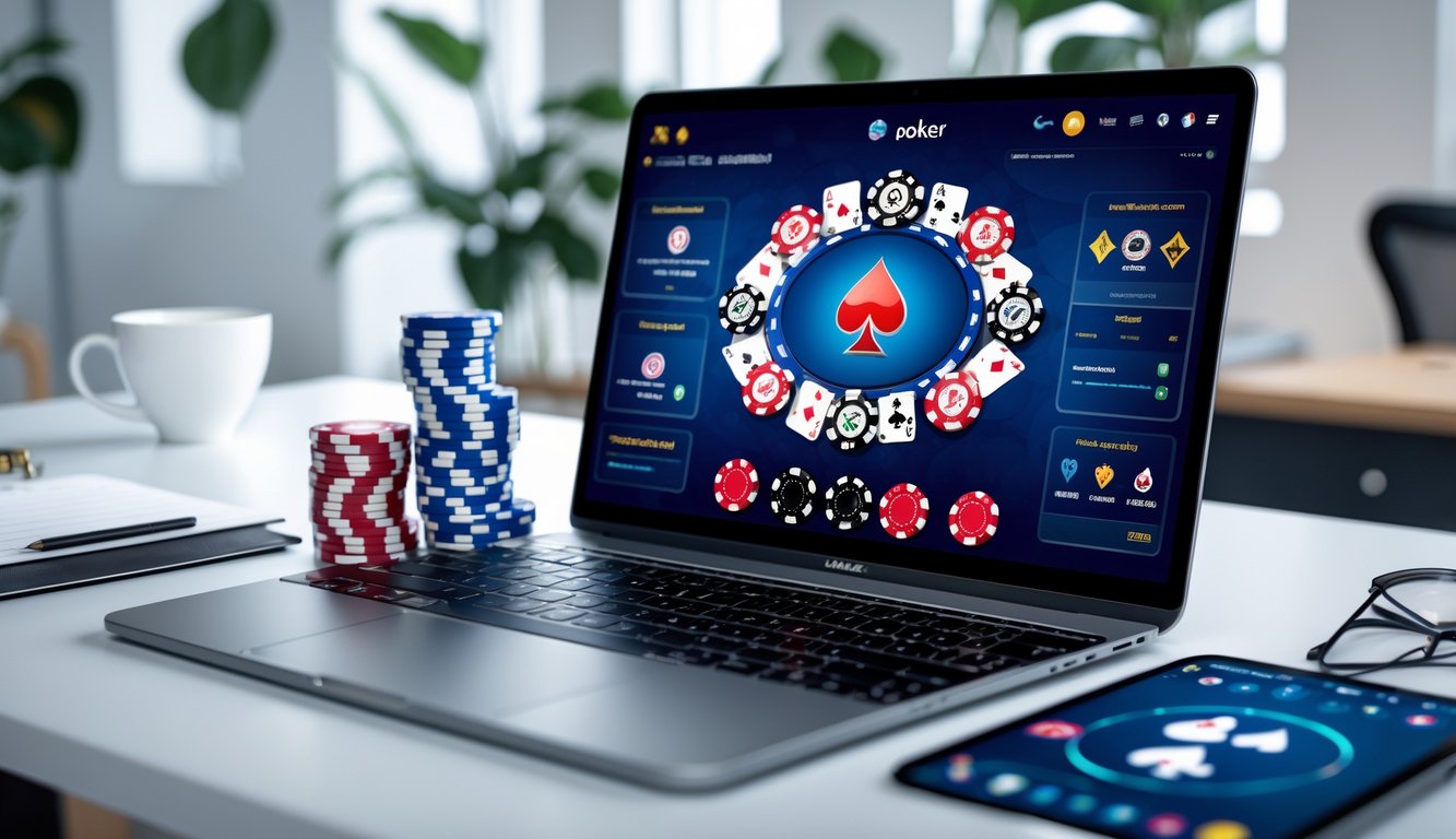 Sebuah meja dengan komputer dan perangkat mobile menampilkan permainan poker online, dikelilingi oleh chip poker dan kartu, di dalam ruangan yang terang dan rapi.