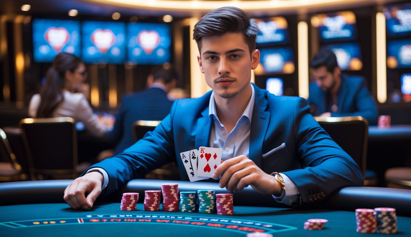 Seorang pria muda duduk di meja poker dengan kartu dan tumpukan chip, fokus bermain di kasino modern.