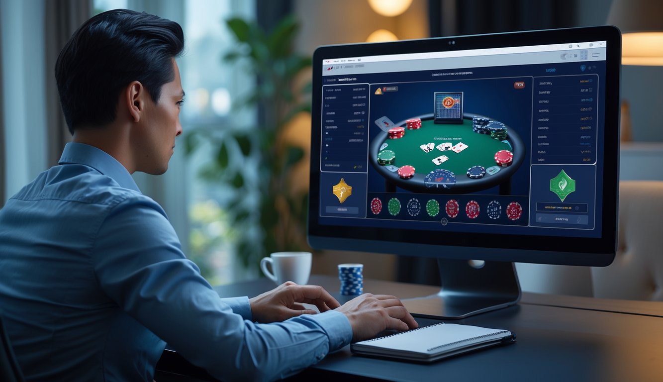 Seorang pemain dewasa sedang bermain poker online di komputer dengan tumpukan chip dan kartu di layar, duduk di meja yang rapi di ruangan yang nyaman.
